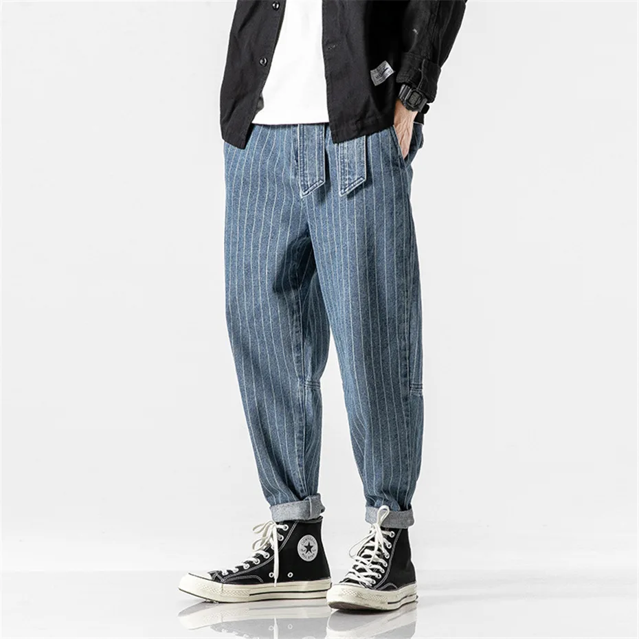 Denim Pants Men Hip Hop Streetwear Stripe Jeans Male Vintage Belt Design Trousers Casual Black Jeans