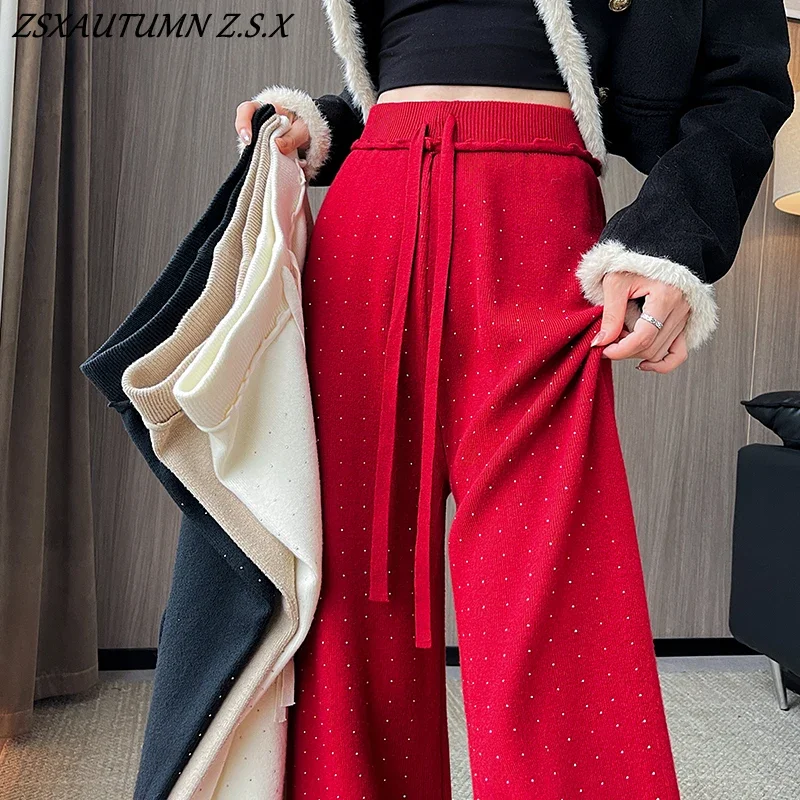 Diamond Knitted Wide-leg Pants Women Autumn Winter Korean Fashion High Waist Straight Loose Thick Casual Female Trousers