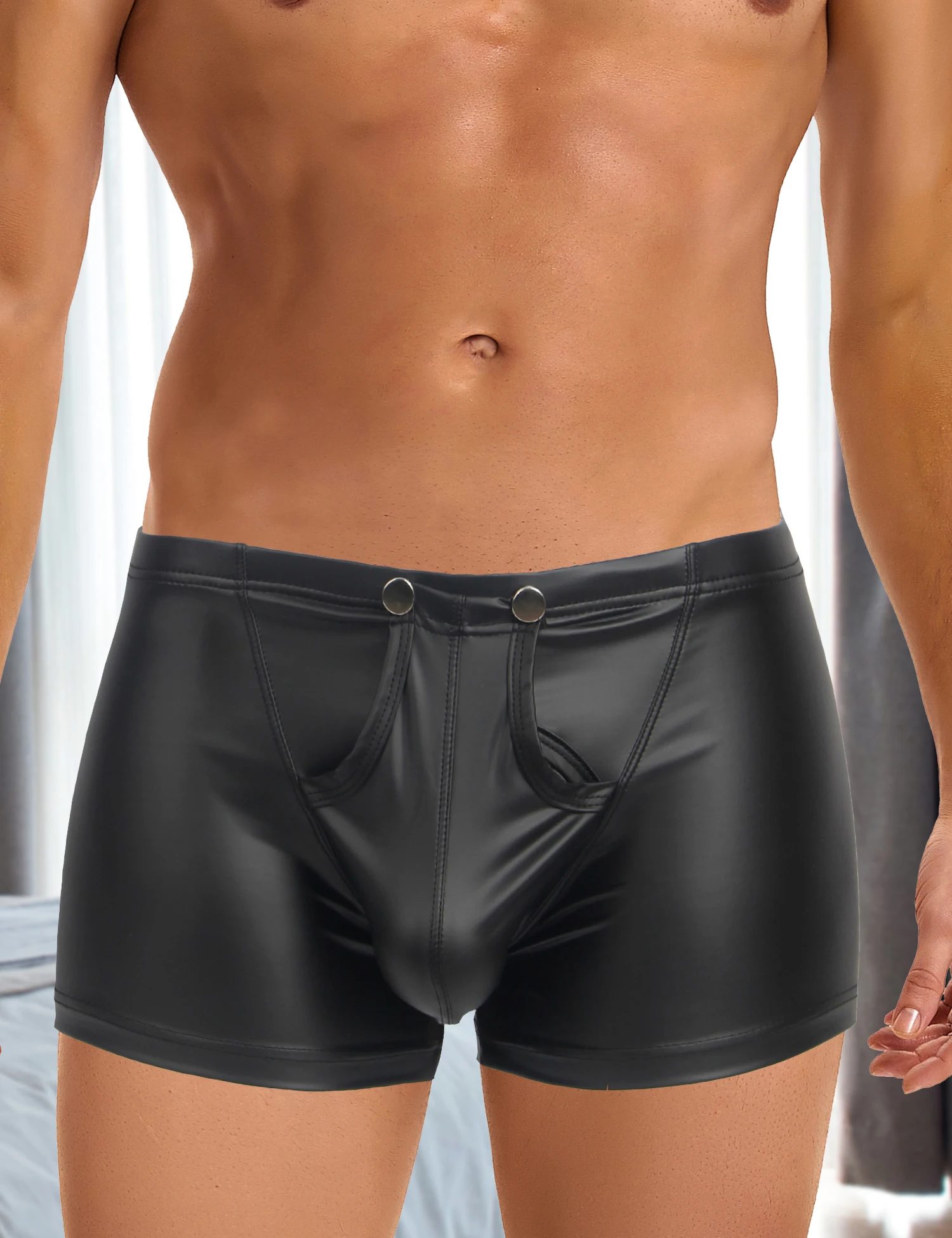 

Comeondear Men's Underwear Sexy Sissy PU Leather Black Panties Elatic Comfort Boxer Briefs Trunks Open Crotch Comfort Underpant