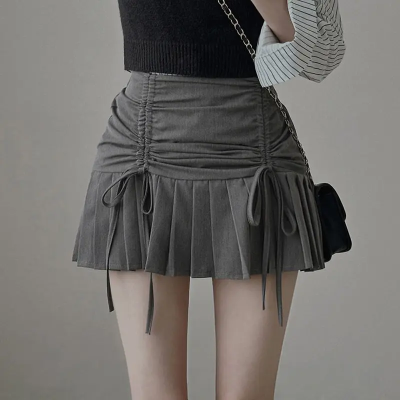 

Mini Skirt Lace-Up Shirring High Waist Summer New Folds Ruffles Sexy Bodycon Women Streetwear Sweet Short Pleated Skirts