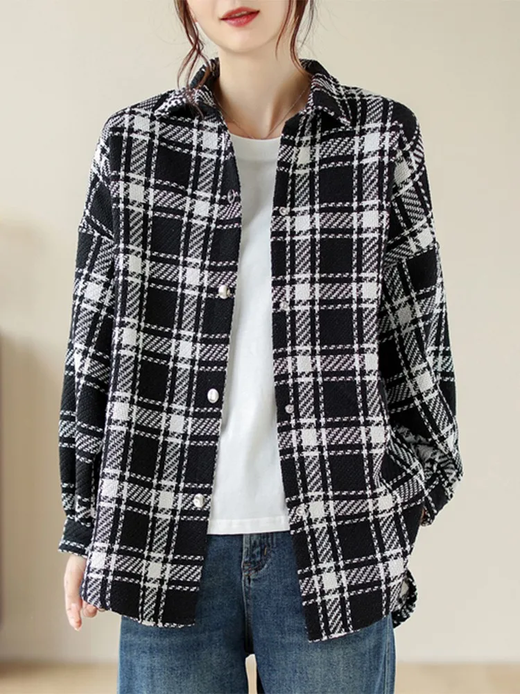 

Women Long Sleeve Casual Shirt New Arrival 2023 Autumn Korean Style Vintage Plaid Pattern Loose Female Tops Shirts B3002