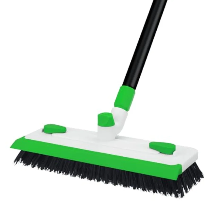 Floor Scrub Brush with Long Handle, 3-in-1 Scrape Scrubber Brush with Squeegee Stiff Bristle Deck Brush for Cleaning Tile Bathr