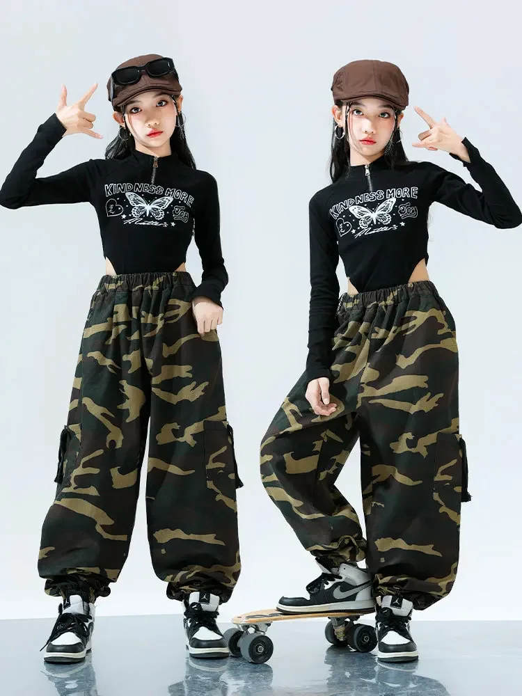 Girls Street Dance Clothing Fashion Black Tops Camouflage Pants Kids Jazz Dance Costume Children Hip Hop Kpop Stage Outfit