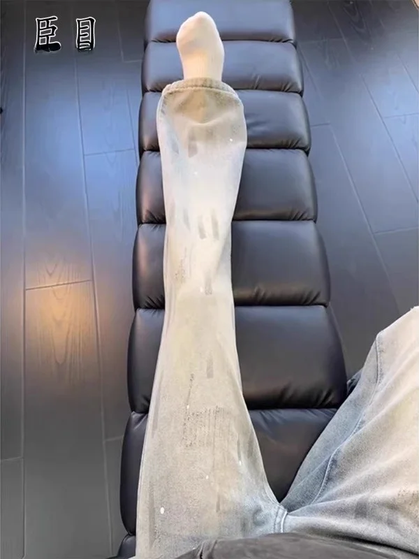 

Мужские летние тонкие джинсы прямого кроя с эффектом брызг чернил, винтажной окраской, высокой талией, расклешенные, повседневные, свободного кроя, из денима