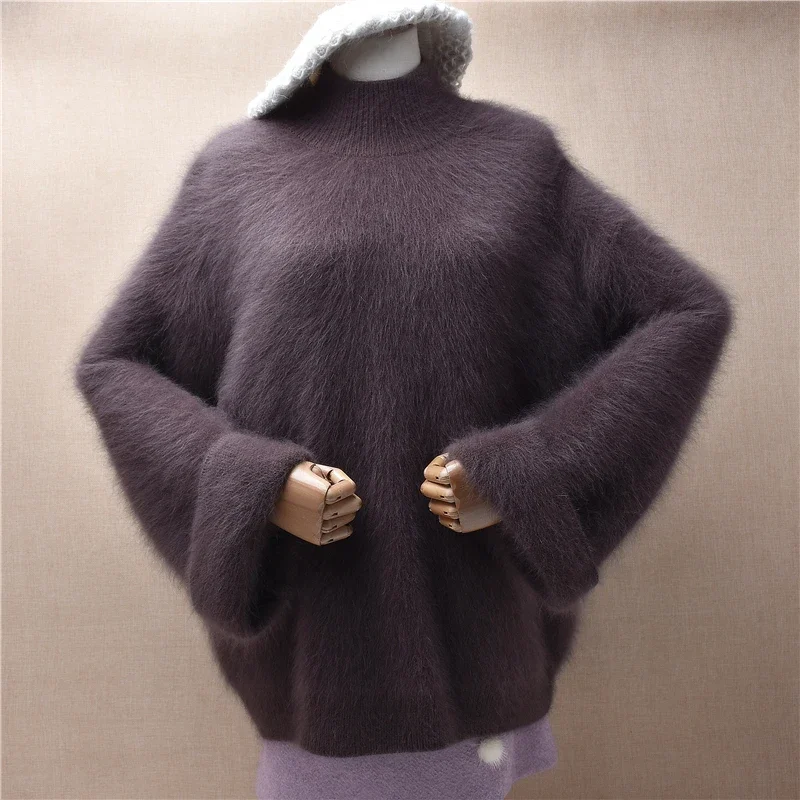 Women Mujer Autumn Winter Clothing Hairy Plush Mink Cashmere Knitted Long Flare Sleeves Turtleneck Loose Pullover Sweater Jumper