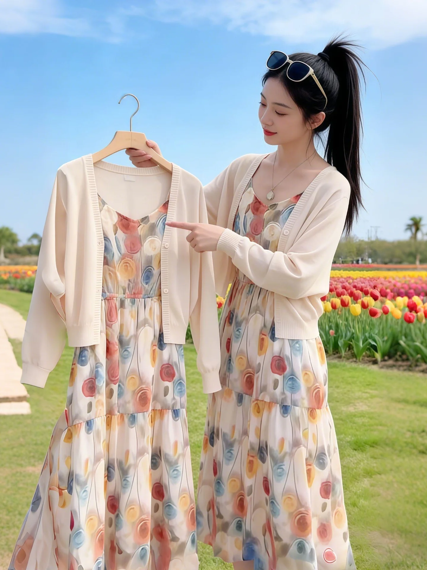 

Summer Ice Silk Knitted Batwing Sleeve Set Women's Fashion 2026 New Style Long Sleeve Open Cardigan Shawl Strap Dress Two-Pie...