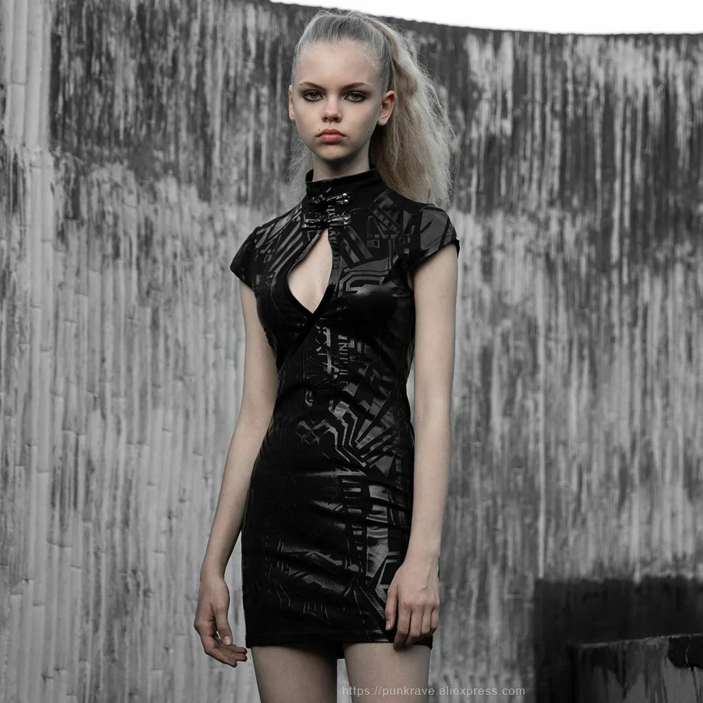 PUNK RAVE Women's Gothic Cyber Prophet Dark Parcel Body Futuristic Dress Punk Handsome Pu Leather Stage Performance Mini Dresses