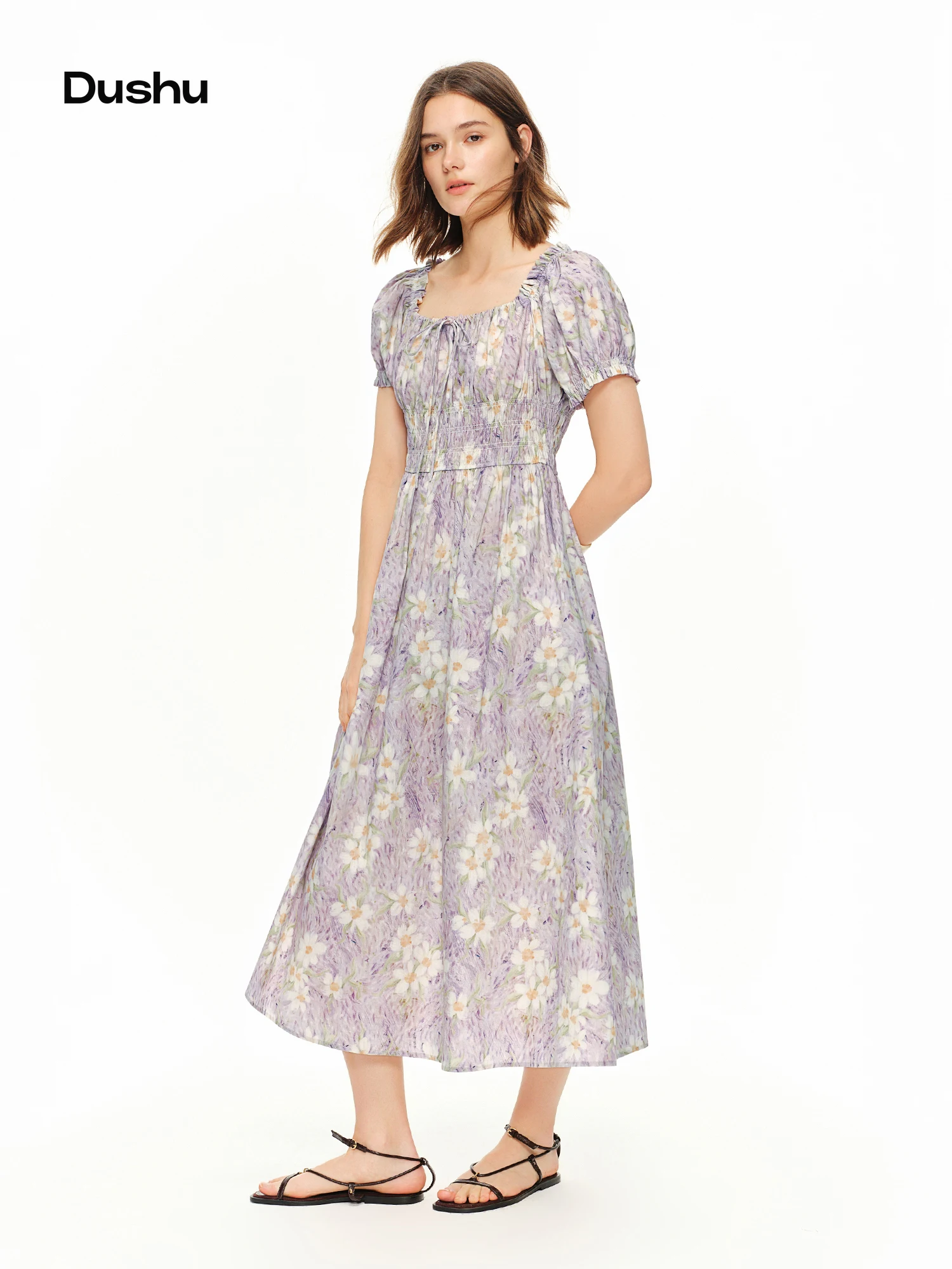 DUSHU French-inspired Knot Detail Waist-Cinching Dress Stylish and Chic 2026 Summer New Arrival 100% Cotton Purple Floral Dress