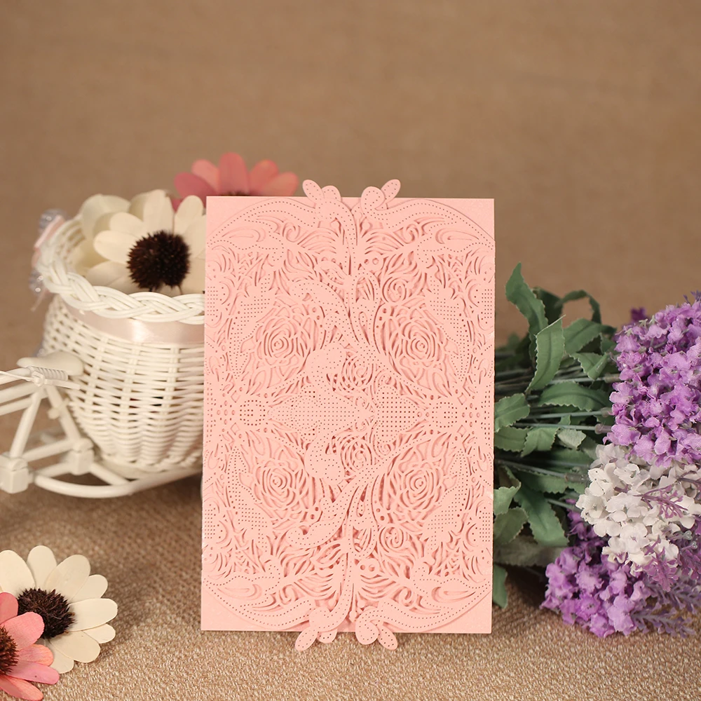 50pcs/pack Laser Cut Wedding Invitation Card 250gsm Pearl Paper Hollow Out Floral Invitations Wedding Birthday Party Cards Q155