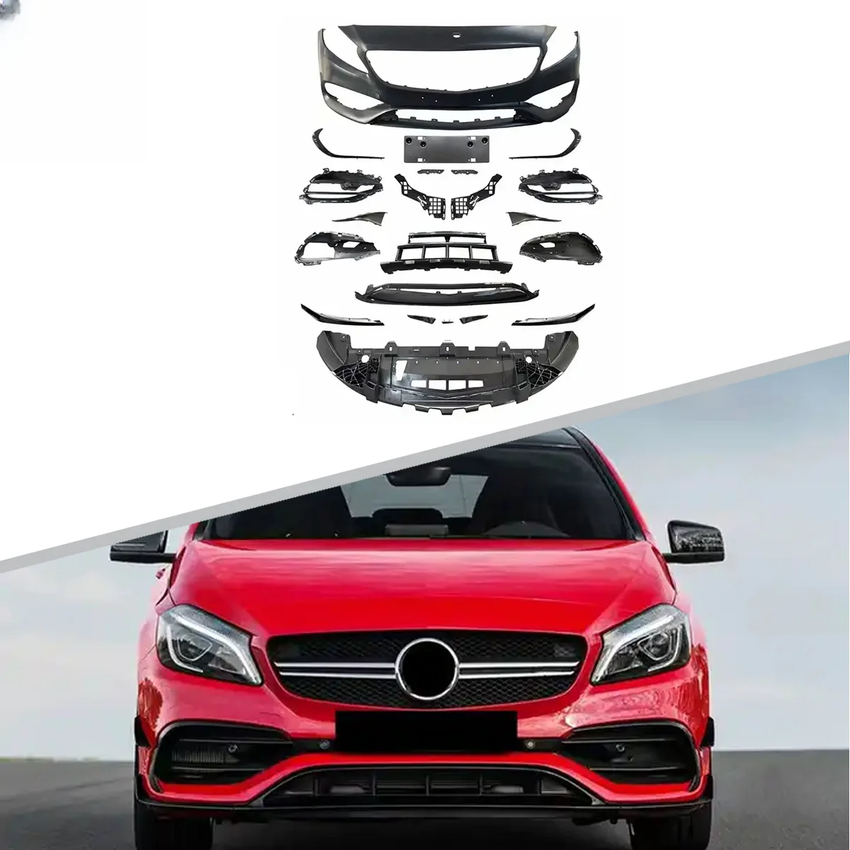 For BENZ W176 2013-2018 A45 AMG Style Auto PP Bumper Front Lip Rear Diffuser Side Skirt Vents Spoiler Body Kit