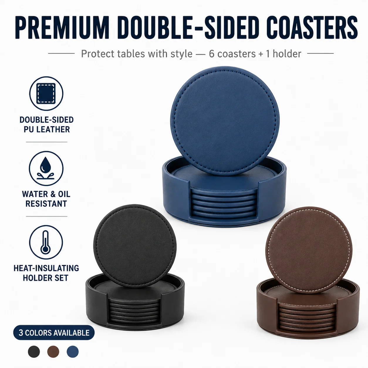 Double Sided Leather Drink Coaster Set of 6 Neat Stitching Heat Resistant Coffee Cup Mat Easy Clean Wooden Table Accessories