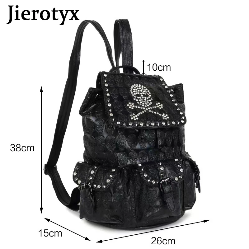 JIEROTYX Skull Backpack Women Gothic Rucksack Rivet Studded Zipper Shoulder Purse Black Punk Metal 3D Daypack School Bags