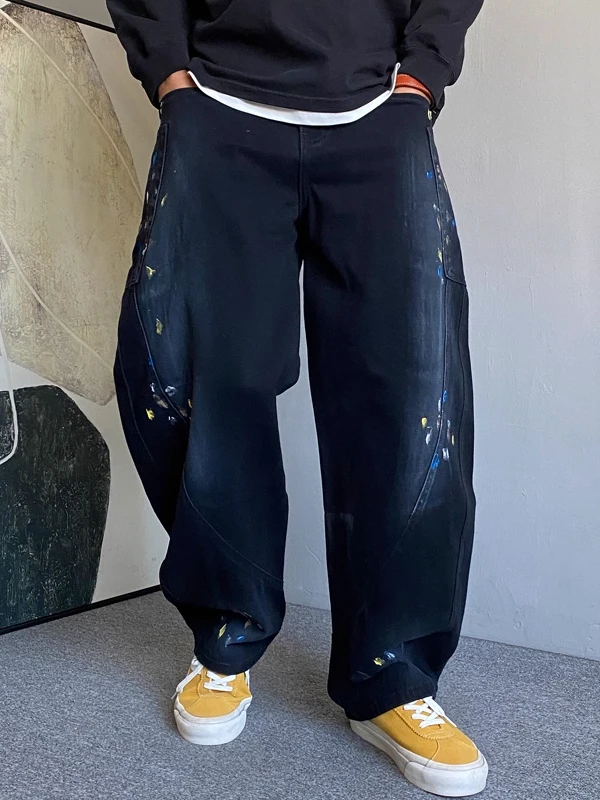 

Large Size 300 Pou fiti Splaed Denim Jeans Men's Spring Autumn American Sle Loose Straight Leg Wide Leg Pants