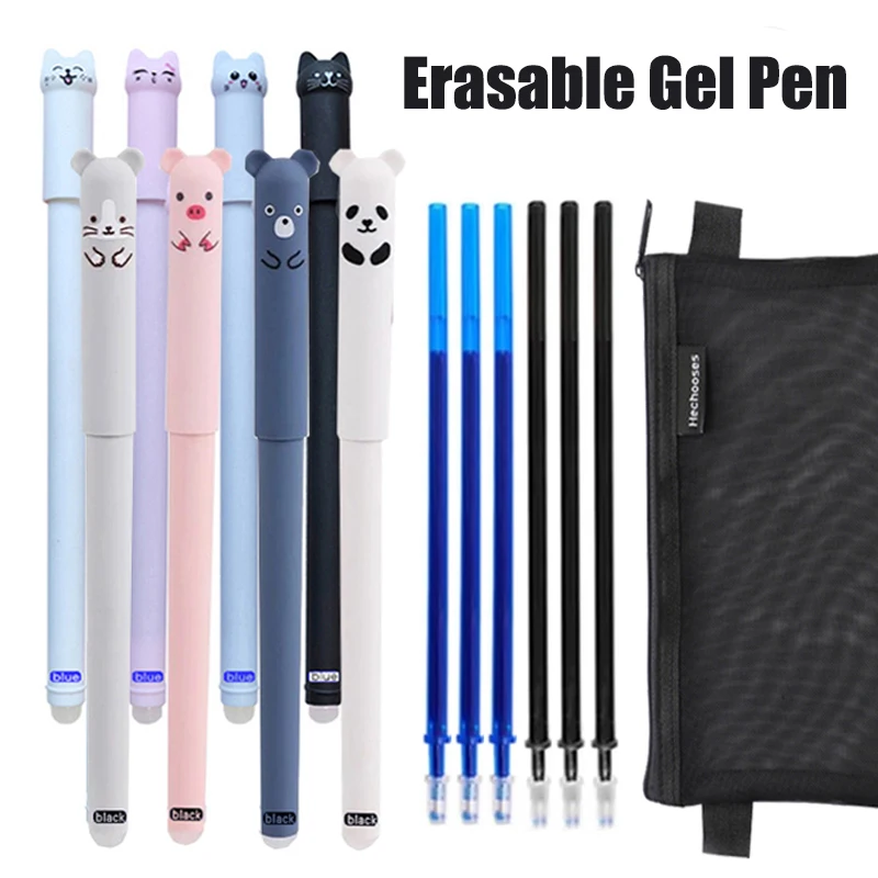 0.5mm Cute Little Bear and Kitten Shaped Erasable Gel Pen Set with Pen Case Blue Black Magic Refills Student Writing Stationery