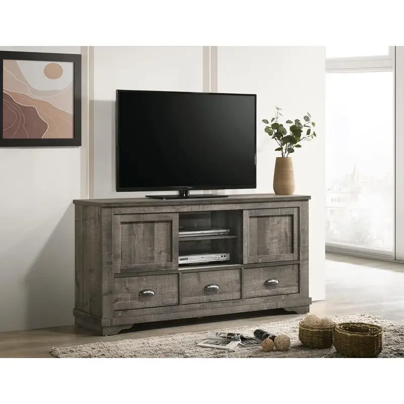 

Contemporary TV Stand Weathered Wood Finish Metal Hardware Sliding Doors Open Shelves Drawers Living Room Furniture Dark Gray