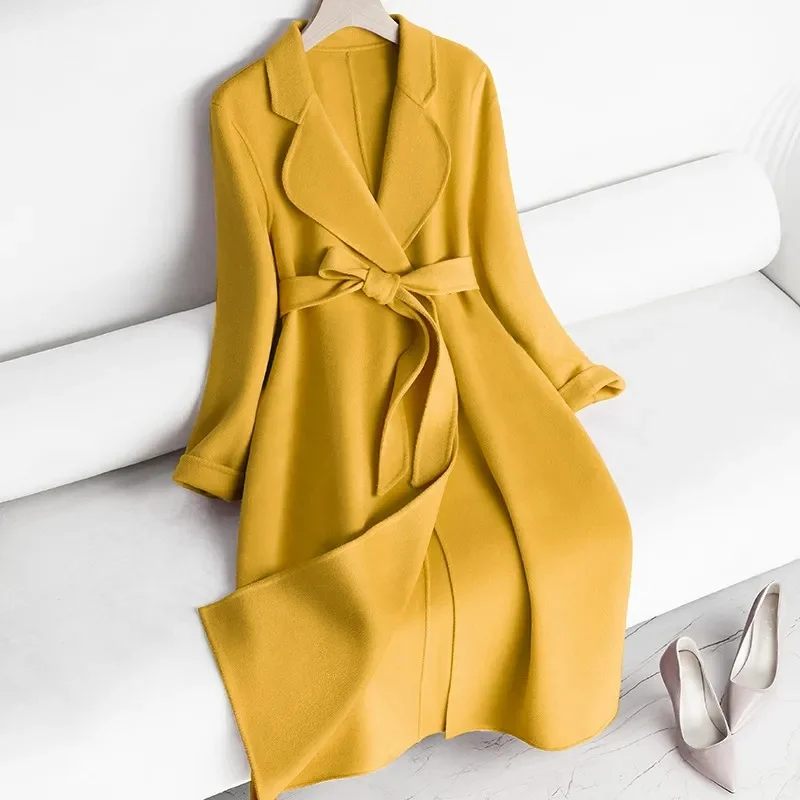 

GELITAYIN Women Jacket Autumn Winter New Labbro Bathrobe Water Ripple Double Faced Wool Coat Lace Up Woolen Long Coat Women