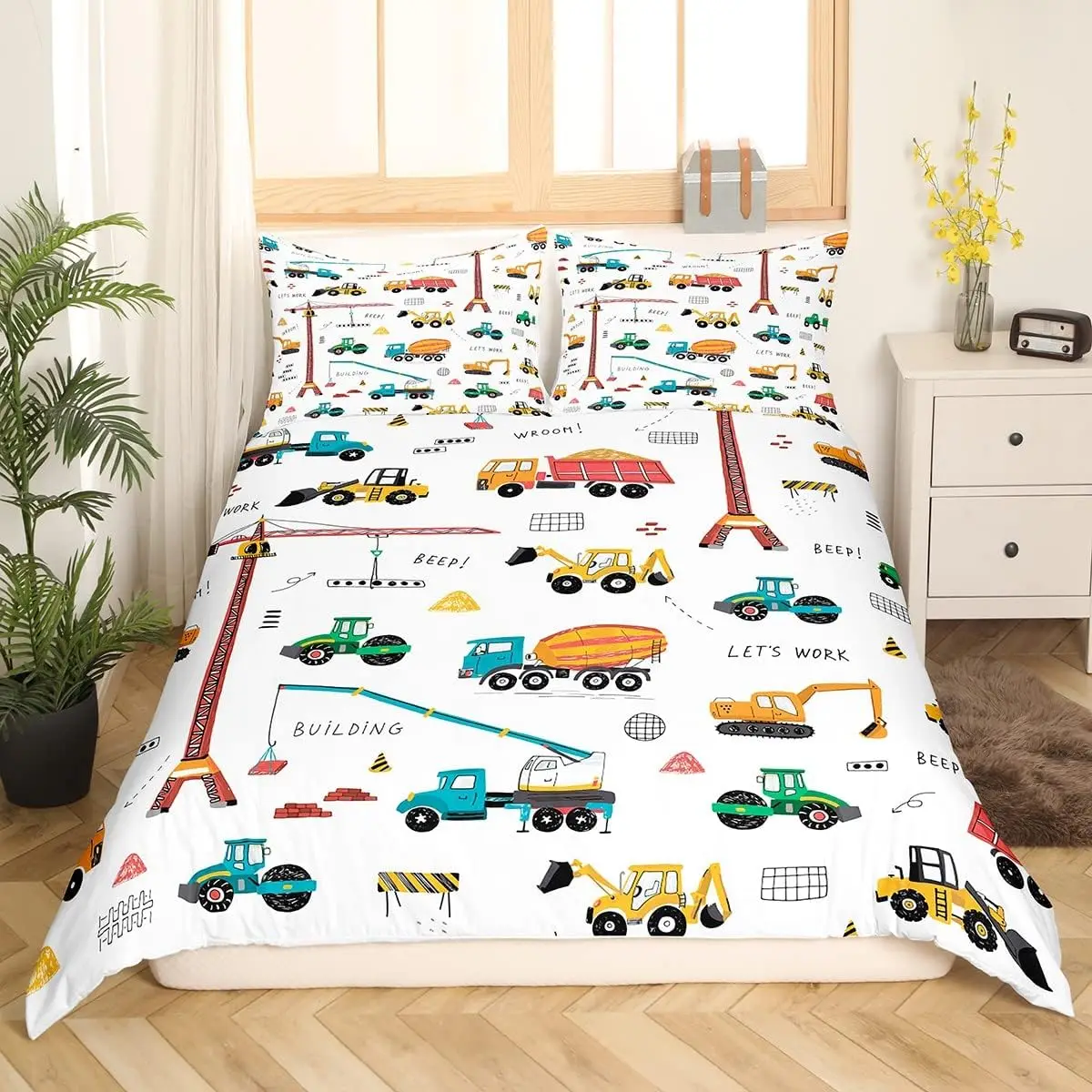 Cartoon Car King Size Duvet Cover Sets Truck Bedding For Teenage Boy Construction Excavator With 2 Pillowcases