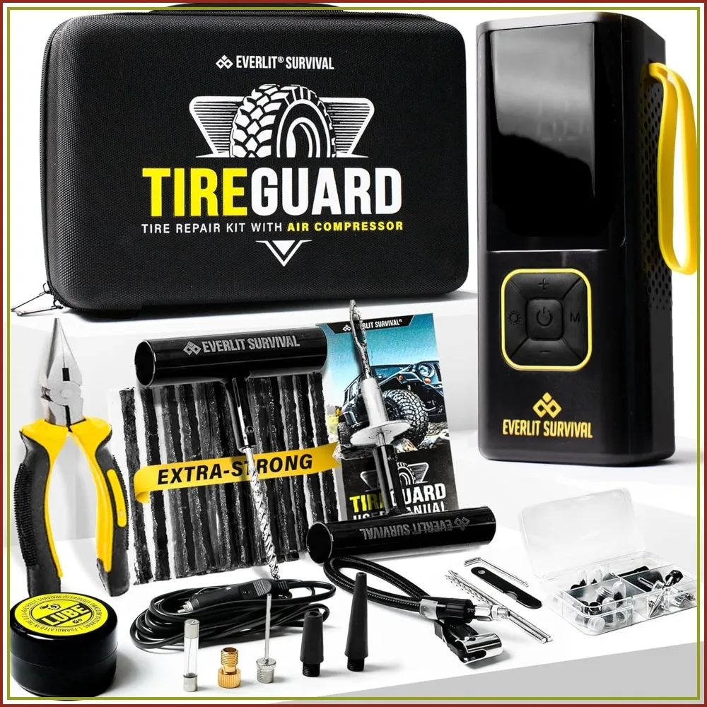 

150 PSI Tire Repair Kit with Air Compressor – Portable Cordless Inflator & Plug Kit for Car, SUV, Truck, Motorcycle