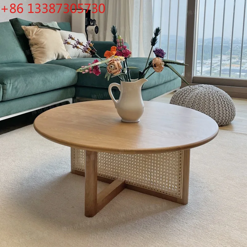 

Japanese solid wood coffee table, small apartment living room, round homestay, rattan coffee table, simple