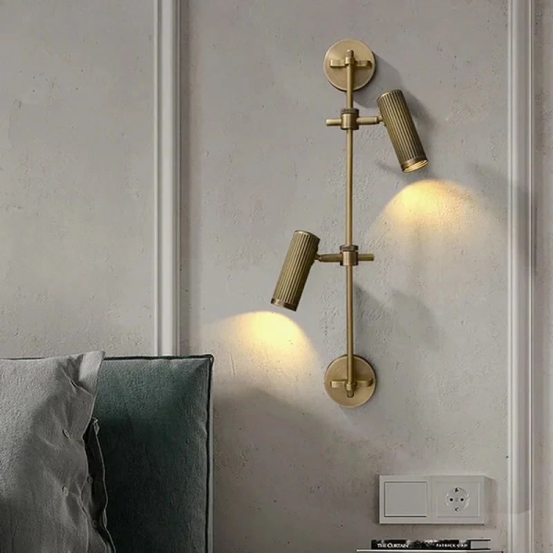 

American Retro All Copper Wall Lamp LED Light Adjustable Angle Bedroom Bedside Living Room Restaurant Single/double Head Sconces