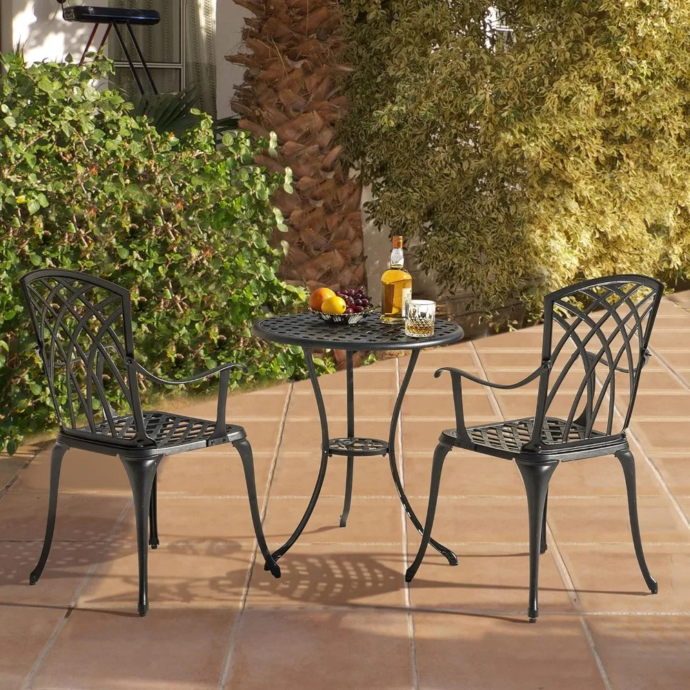 Patio-Bistro-Sets, 3-teiliges Bistrotisch- und Stühle-Set aus Aluminiumguss mit Schirmloch, 2er-Set für Terrasse und Hinterhof, Schwarz