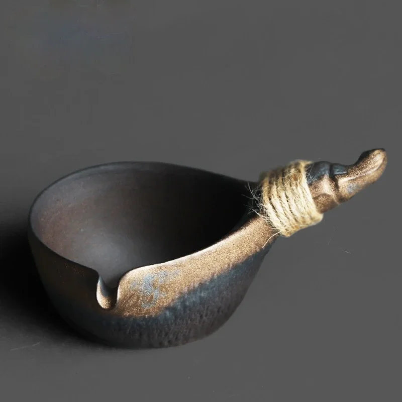 Chinese rock pottery gilt spoon ear shape side handle justice cup retro stoneware Kung Fu tea ceremony tea sea divider