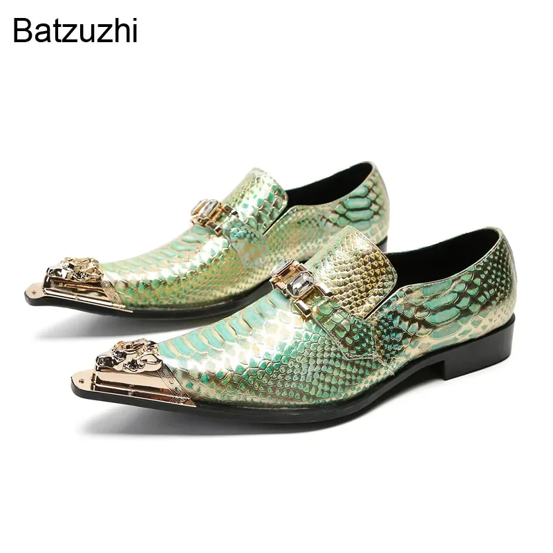 Batzuzhi Italian Type Men's Shoes Slip on Formal Business Leather Dress Shoes Men Golden Metal Toe Fashion Party, Wedding Shoes!