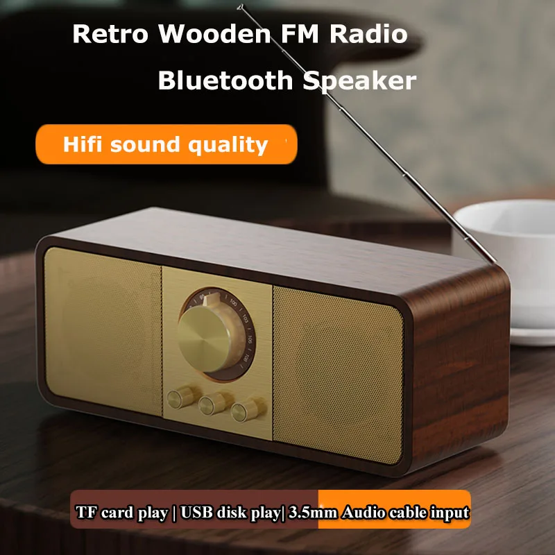 

Portable Retro FM Radio Wooden Radios Receiver Wireless Hifi Stereo Bluetooth Speaker with Microphone Support TF Card USB AUX