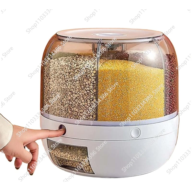 360° Rotating 6-Grid Grain Dispenser One-Touch Output Sealed Storage Container Moisture-Proof Rice Organizer for Kitchen Pantry