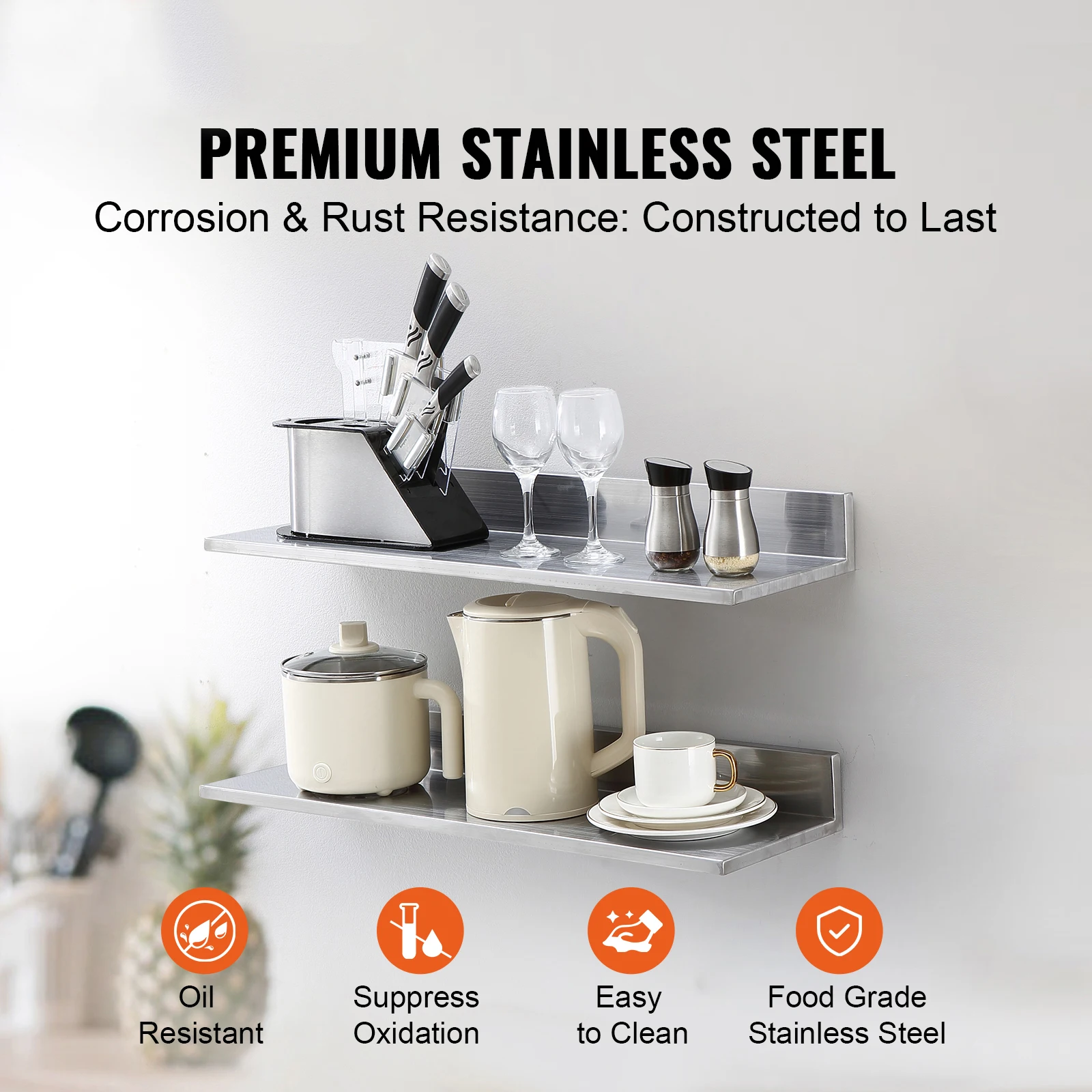 

30 Inch Stainless Steel Shelf Wall Mounted Floating Shelving with Backsplash 44 lbs Capacity Heavy Duty Storage Rack for Kitchen