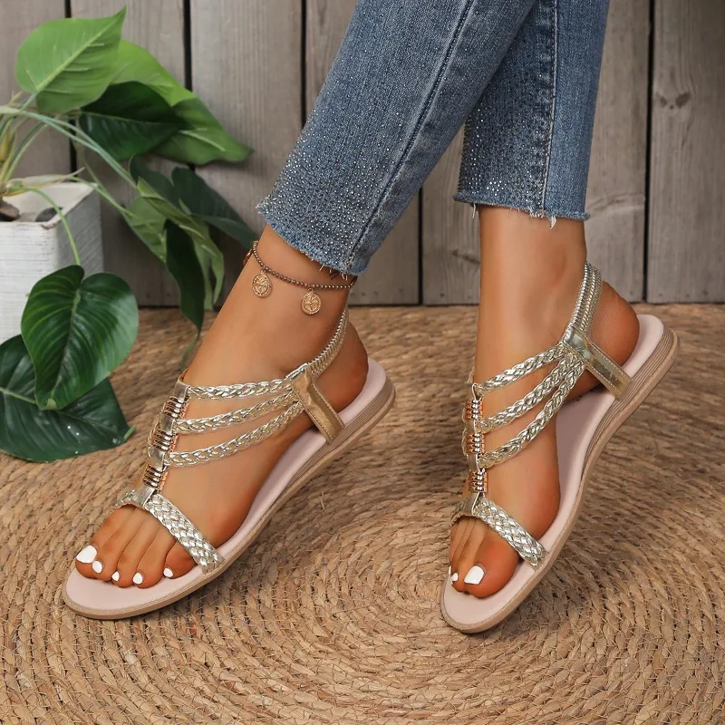 New Golden Style Best-Selling Plus-Size Casual Footwear Women's Summer Round-Toe Non-Slip Comfortable Flat Sandals Fashionable