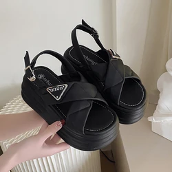 New Summer Women Chunky Sandals Leather High Platform Trainers Breathable Casual Slippers Shoes Woman 7.5CM Heels Wedge Sneakers