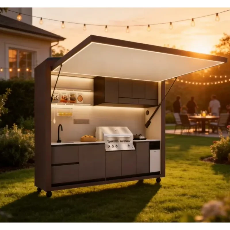 Villa Backyard Outdoor Kitchen Mobile Barbecue Station with Sink Storage Cabinet Built-in Grill Wheeled Patio Cooking Island
