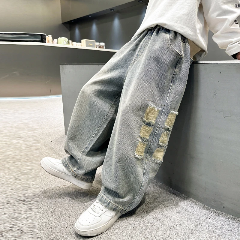 New Stylish Kids Boy Vintage Wash Blue Jeans Elegant Denim Pants For Age 5-14 Years Child Tie Die Jeans Trousers Age 5-14 Years