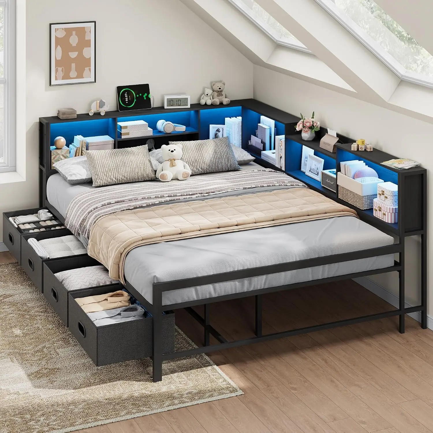 Full Corner Bed Frame LED Lights Charging Station Bookcase Headboard Metal Platform Storage Drawers Daybed Teens, Customized