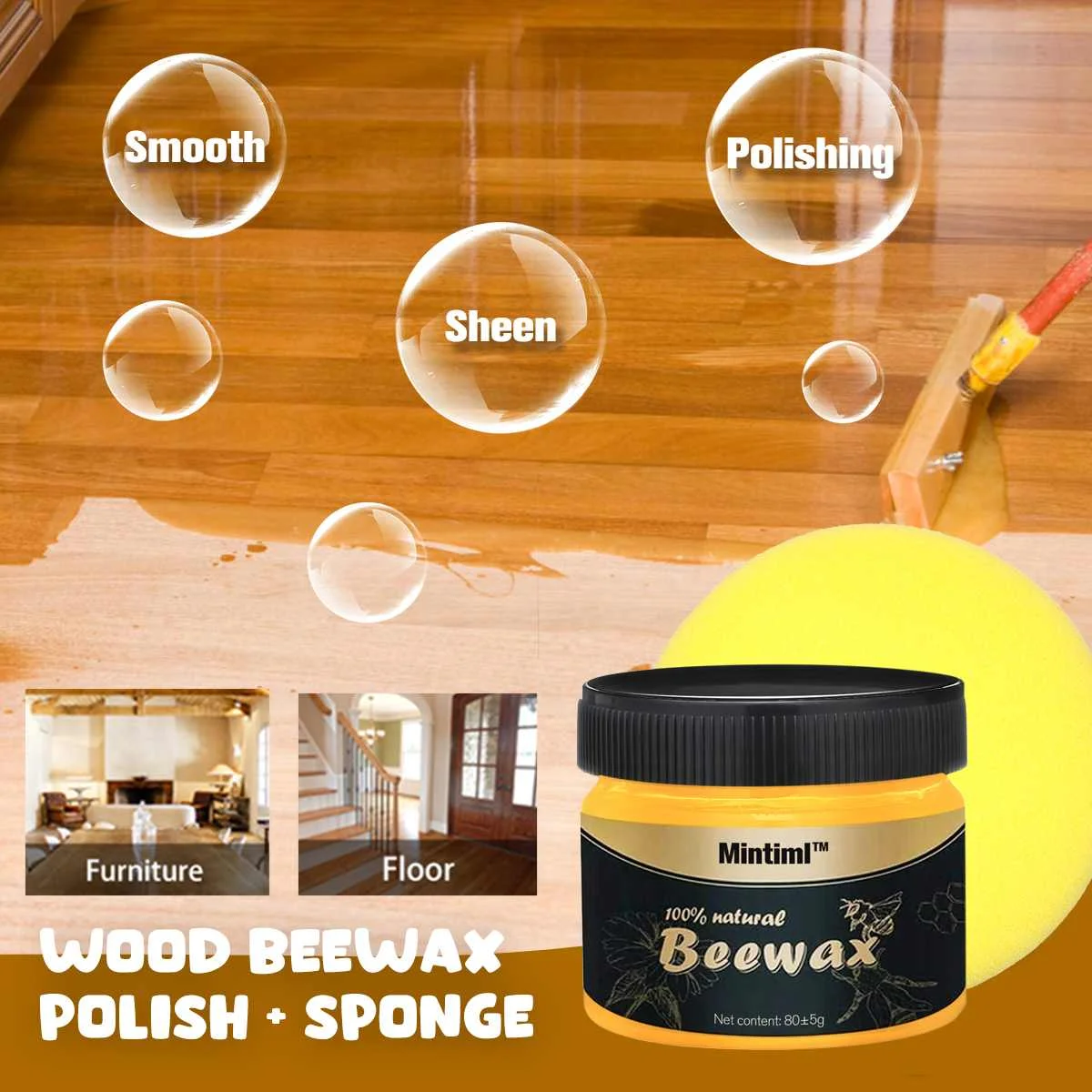 Cera de abeja para el cuidado de la madera, pulidor de madera maciza para muebles, con esponja, 85G