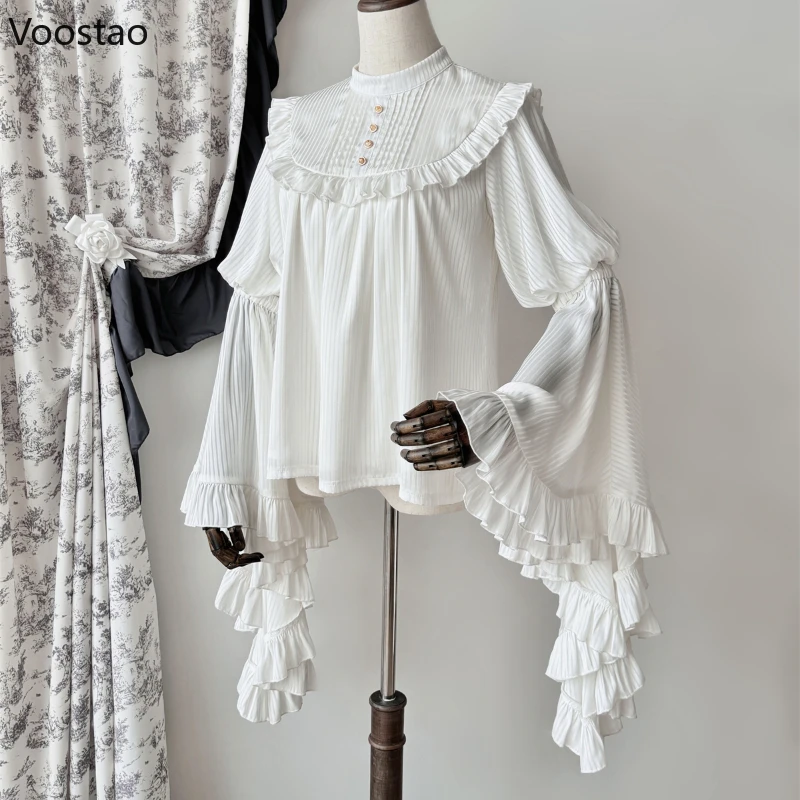 White Victorian Gothic Lolita Style Shirts Women Vintage Elegant Ruffles Long Sleeve Striped Blouses Female Y2k Blusas Mujer Top