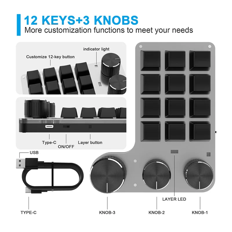 GOB-oProgrammable DIY Механическая клавиатура RGB 12 клавиш 3 ручки Пользовательская макроклавиатура Bluetooth Клавиатура с горячей заменой