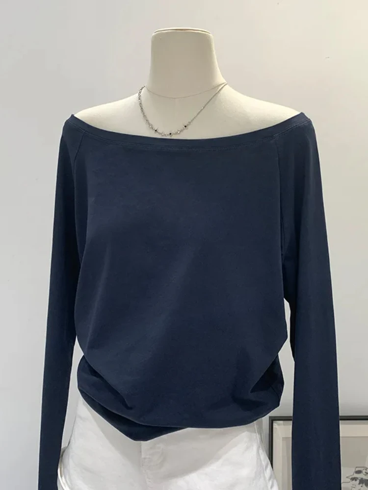 

Y2KAutumn Winter One Shoulder Cotton Long Sleeve Slant Shoulder Women's Clothing Style Interior Wide Truffle Shoulder Base Shirt