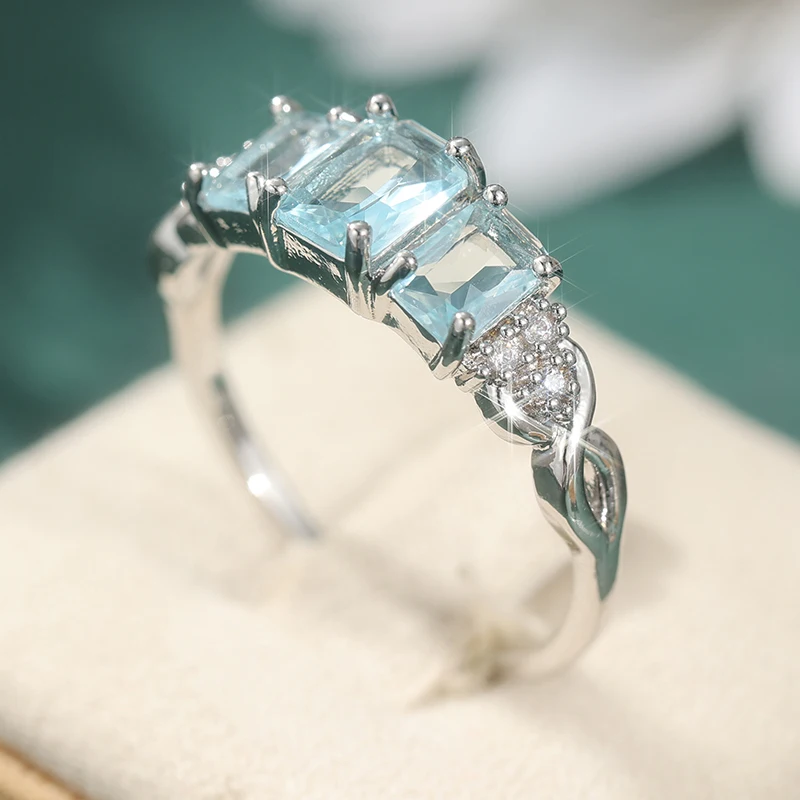 Eleganter Eingelegter Weißer Meeresblauer CZ Damenring Trendiger Silberfarbener Geometrischer Alltags- und Partyschmuck Jubiläumsgeschenk – Detail 4