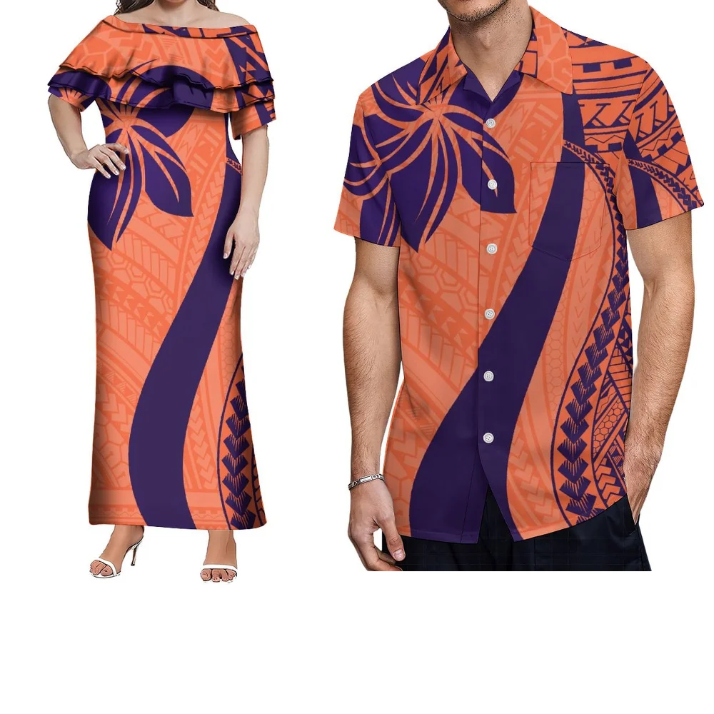Abito monospalla su misura, set da coppia con design tribale polinesiano con stampa retrò, abito lungo da donna, camicia da uomo