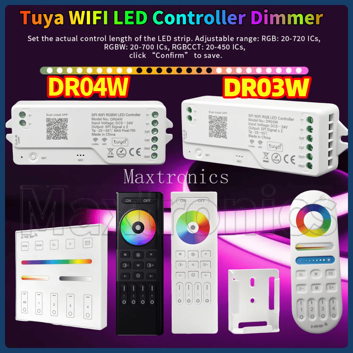 

Светодиодный контроллер Tuya WIFI, диммер DR03W/DR04W, работает с беспроводным управлением Google Alexa Home Wi-Fi WS2812 WS2815 5050, светодиодная лента RGB