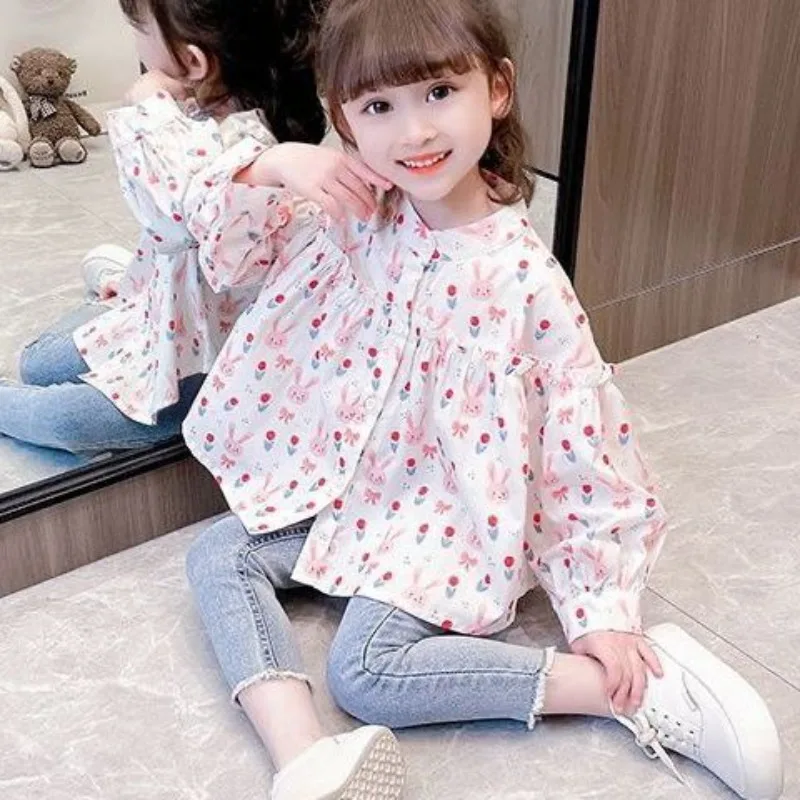 Girls Floral Shirt Spring Autumn Stand Collar Baby Doll Top Kids Clothing New Arrival Children Blouse