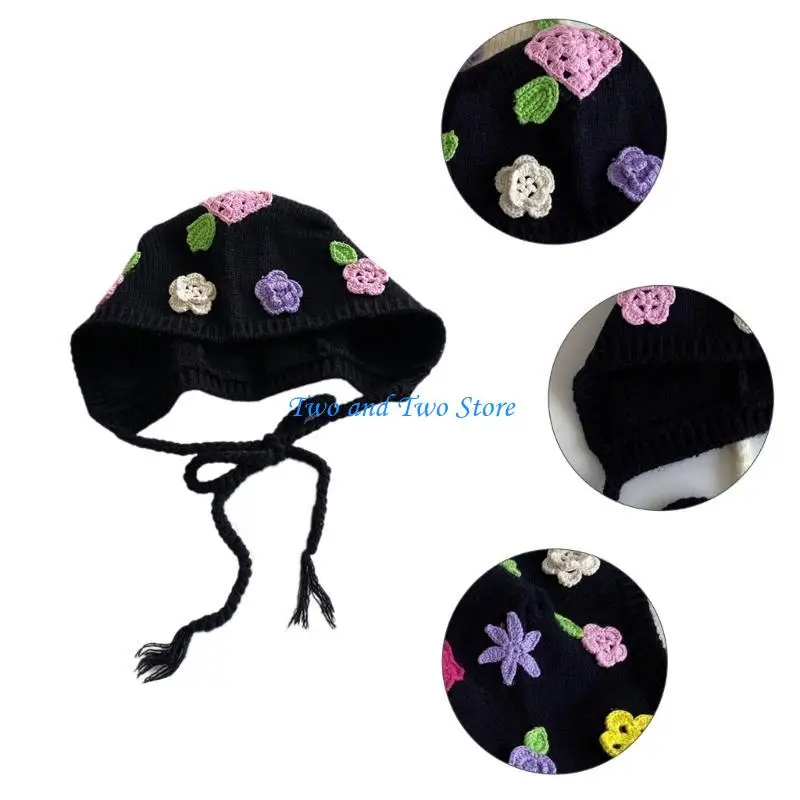 

HX6F Flower Hat for Women Girls Crochet Beanie Knitted Earmuff Hat Sunproof Bucket Cap Girl Bonnet Y2K Sweet Female Headdress