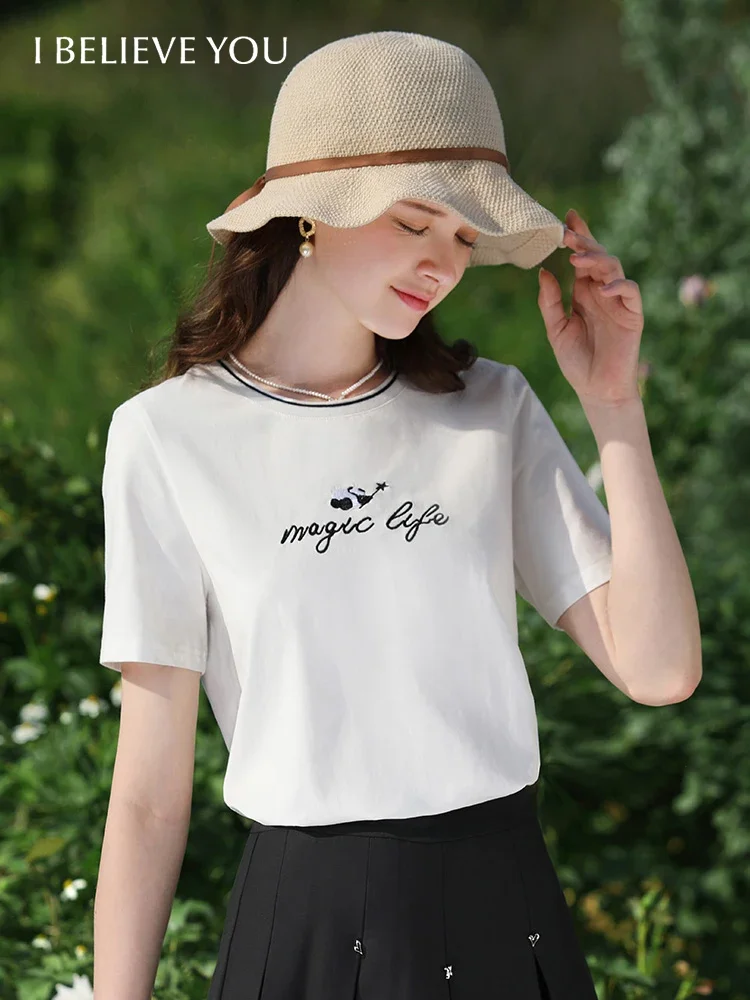 I BELIEVE YOU Ice Porcelain Cotton Embroidery Short Sleeve T-Shirt Women 2024 Summer New Slim Chic Female Casual Tees 2241015519