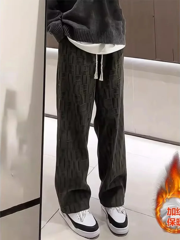 

Retro American Corduroy Men's Pants Winter Thiened Fce Lined Sports Sweatpants Warmth High-End Feelings Straight Leg Pants