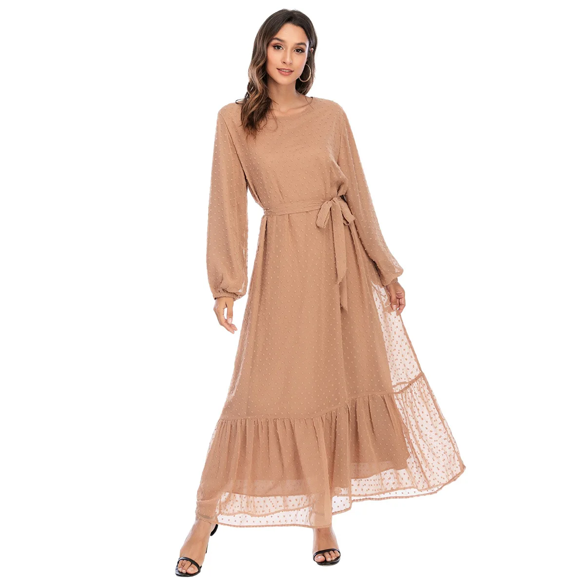 Muslim Drees Women Simple Elegant Abaya Lace-up Long Sleeve Round Neck Ladies Dress Middle Eastern Dubai Turkey Solid Daily Robe