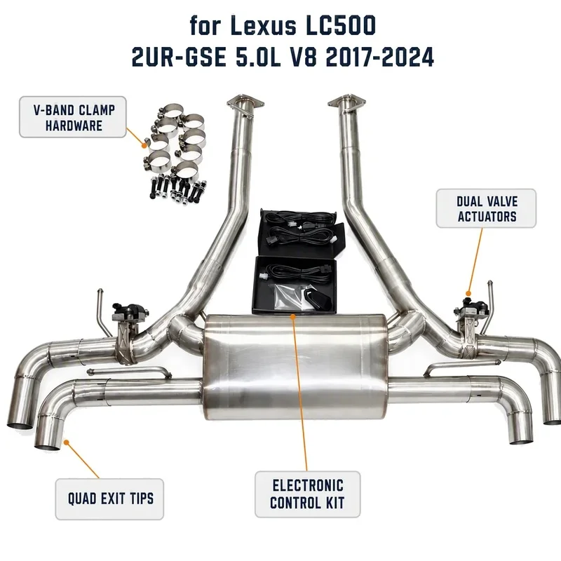 Direct Fit 304 Stainless Steel Valved Cat-Back Exhaust Lexus LC500 2UR-GSE 5.0L V8 2017-2024 X-Pipe Quad Tips 1.5mm Tuning Kit