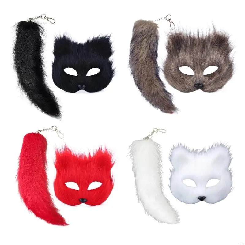 N7YF Therian Mask and Tail Fuzzy Cats Foxes Wolf Mask Tail Halloween Cosplays Costume