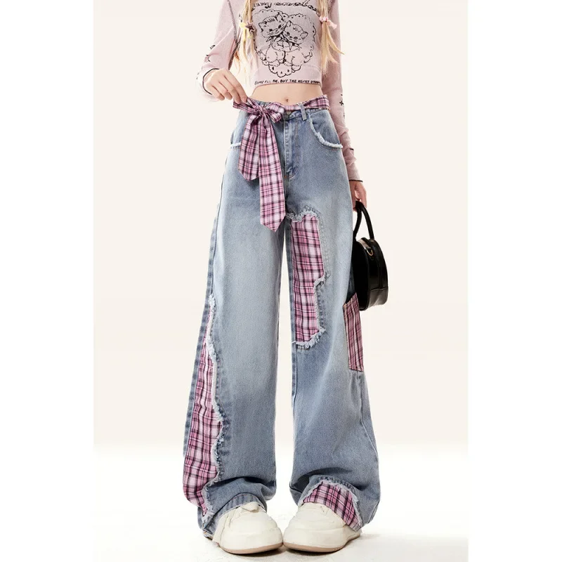 

American design bow strap splicing wide-leg jeans women's autumn and winter loose slim fashion temperament straight mop pants